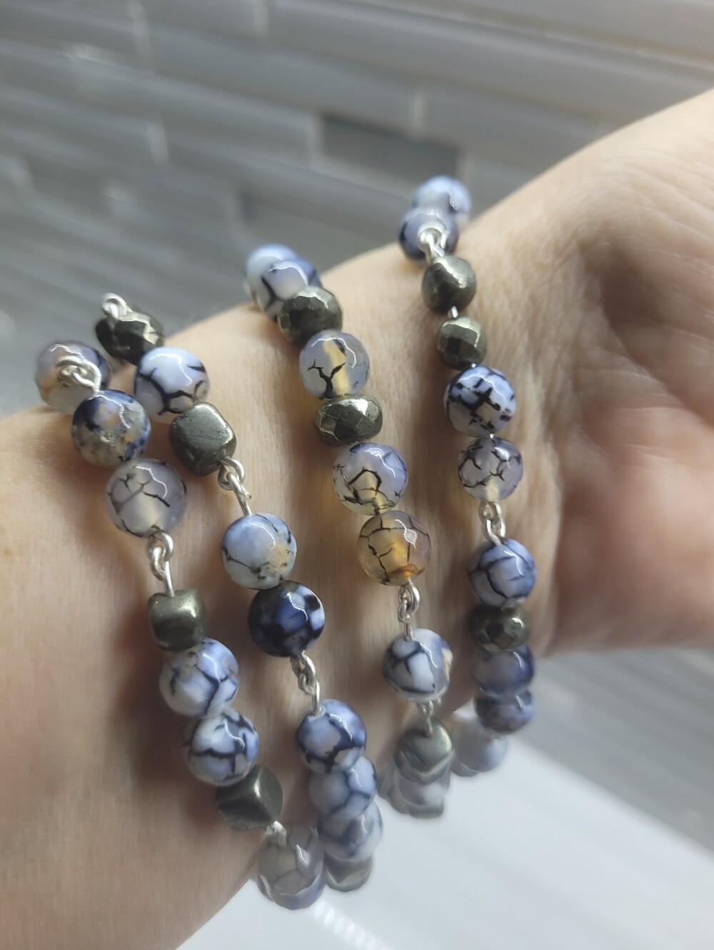 Handmade Blue Tone Dragon Vain Agate Crackle Bead  Bracelets-Earrings